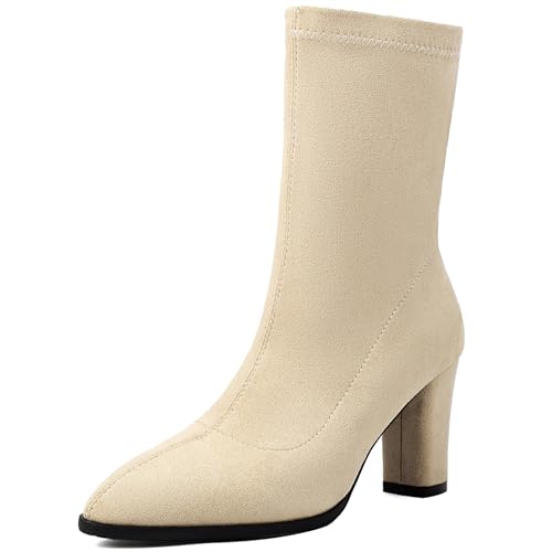 Renessmi Elegant Pointed Toe High Blockabsatz Damen Anzugstiefel Shiny Hochzeit Concise Wildleder Solid Color Arbeit Stiefel Footwear Aprikose Gr 39 EU-40 Cn von Renessmi