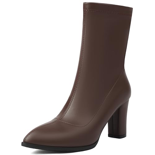 Renessmi Elegant Pointed Toe High Blockabsatz Damen Anzugstiefel Shiny Hochzeit Concise Wildleder Solid Color Arbeit Stiefel Footwear Braun Gr 35 EU von Renessmi