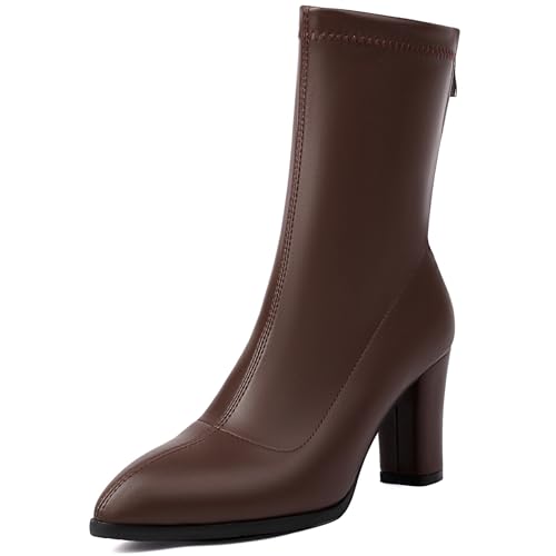 Renessmi Elegant Pointed Toe High Blockabsatz Damen Anzugstiefel Shiny Hochzeit Concise Wildleder Solid Color Arbeit Stiefel Footwear Braun Gr 41 EU-43 Cn von Renessmi