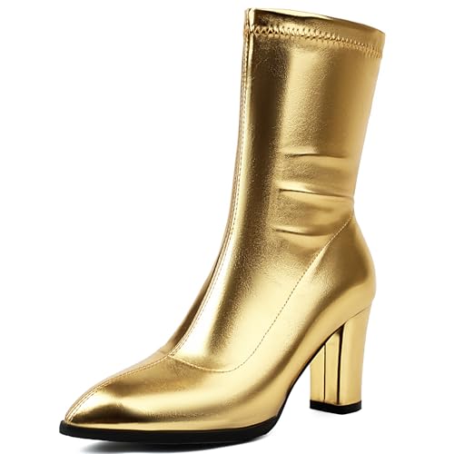 Renessmi Elegant Pointed Toe High Blockabsatz Damen Anzugstiefel Shiny Hochzeit Concise Wildleder Solid Color Arbeit Stiefel Footwear Gold Gr 43 EU-45 Cn von Renessmi