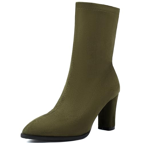 Renessmi Elegant Pointed Toe High Blockabsatz Damen Anzugstiefel Shiny Hochzeit Concise Wildleder Solid Color Arbeit Stiefel Footwear Grün Gr 43 EU-45 Cn von Renessmi
