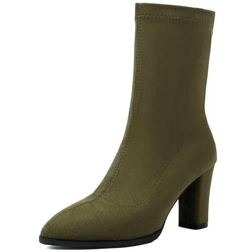 Renessmi Elegant Pointed Toe High Blockabsatz Damen Anzugstiefel Shiny Hochzeit Concise Wildleder Solid Color Arbeit Stiefel Footwear Grün Gr 46 EU-48 Cn von Renessmi