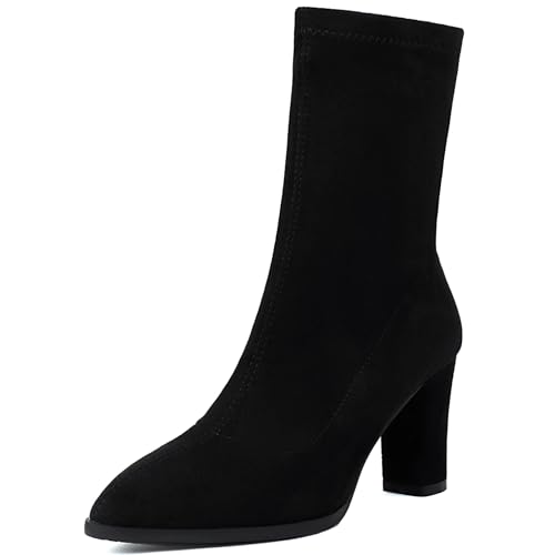 Renessmi Elegant Pointed Toe High Blockabsatz Damen Anzugstiefel Shiny Hochzeit Concise Wildleder Solid Color Arbeit Stiefel Footwear Schwarz Gr 38 EU-39 Cn von Renessmi
