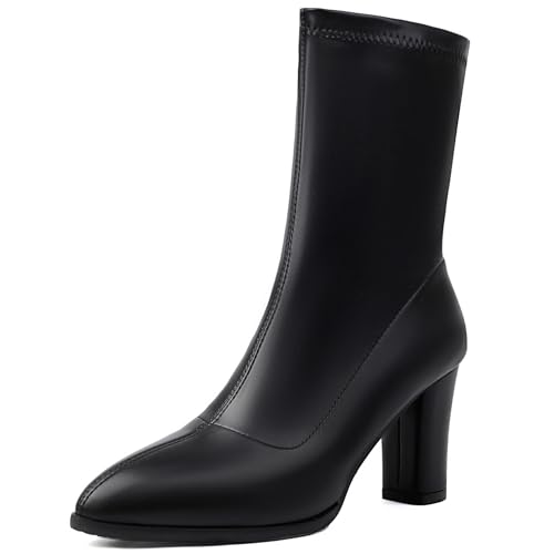 Renessmi Elegant Pointed Toe High Blockabsatz Damen Anzugstiefel Shiny Hochzeit Concise Wildleder Solid Color Arbeit Stiefel Footwear Schwarz Gr 42 EU-44 Cn von Renessmi