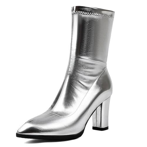 Renessmi Elegant Pointed Toe High Blockabsatz Damen Anzugstiefel Shiny Hochzeit Concise Wildleder Solid Color Arbeit Stiefel Footwear Silber Gr 38 EU-39 Cn von Renessmi