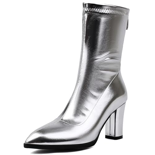 Renessmi Elegant Pointed Toe High Blockabsatz Damen Anzugstiefel Shiny Hochzeit Concise Wildleder Solid Color Arbeit Stiefel Footwear Silber Gr 45 EU-47 Cn von Renessmi