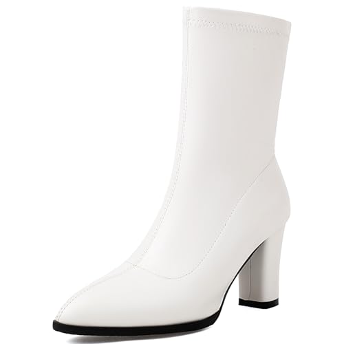 Renessmi Elegant Pointed Toe High Blockabsatz Damen Anzugstiefel Shiny Hochzeit Concise Wildleder Solid Color Arbeit Stiefel Footwear Weiß Gr 36 EU von Renessmi