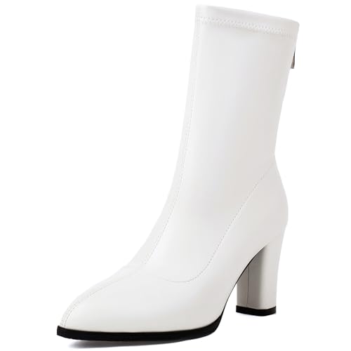 Renessmi Elegant Pointed Toe High Blockabsatz Damen Anzugstiefel Shiny Hochzeit Concise Wildleder Solid Color Arbeit Stiefel Footwear Weiß Gr 40.5 EU-42 Cn von Renessmi