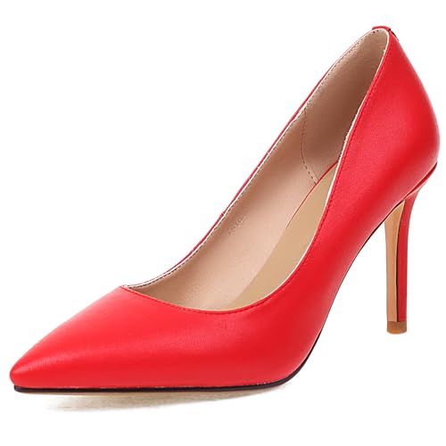 Renessmi Elegant Stiletto Ohne Verschluss Sommer Damen Schuhe Pointed Toe Höhe Ferse Stylish Hochzeit Solid Color Arbeit Footwear Rot Gr 36.5 EU-37 Cn von Renessmi