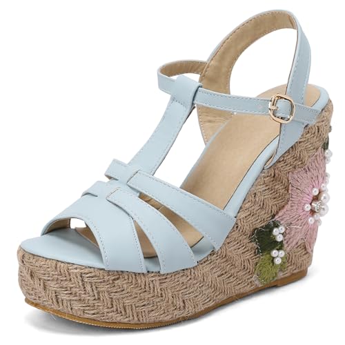 Renessmi Espadrille Plateau Keilabsatz Damen Römersandalens Beaded Blumes Sweet Cross Strap Peep Toe Klassische Footwear Blau Gr 33 EU Renessmi Espadrille Plateau Keilabsatz Damen Römersandalens Beaded Blumes Sweet Cross Strap Peep Toe Klassische Footwear Blau Gr 33 EU von Renessmi