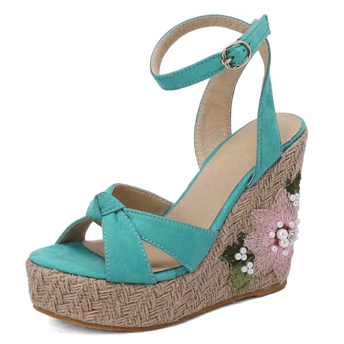 Renessmi Espadrille Plateau Keilabsatz Damen Römersandalens Beaded Blumes Sweet Cross Strap Peep Toe Klassische Footwear Blau Gr 40.5 EU-42 Cn von Renessmi
