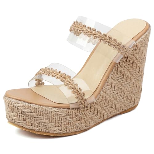 Renessmi Espadrille Plateau Mules Keilabsatz Damen Strand Pantoffeln Peep Toe Transparent Two Strap Ohne Verschluss Footwear Braun Gr 40 EU-41 Cn von Renessmi