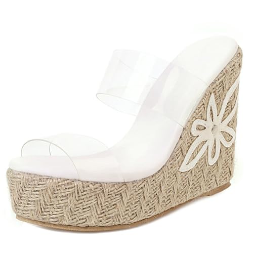 Renessmi Espadrille Plateau Mules Keilabsatz Damen Strand Pantoffeln Peep Toe Transparent Two Strap Ohne Verschluss Footwear Weiß Gr 40.5 EU-42 Cn von Renessmi