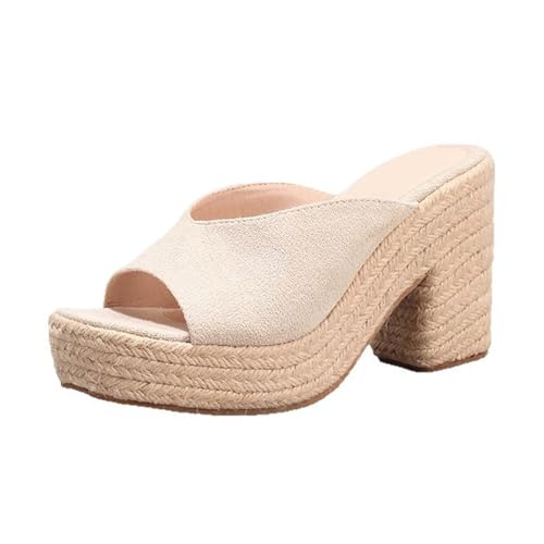 Renessmi Espadrille Square Toe Mules Slingback Damen Pantoffeln Ohne Verschluss Blockabsatz Sommer Strand Kleid Hausschuhe Pantoffeln Sandals Footwear Aprikose Gr 37 EU-38 Cn von Renessmi