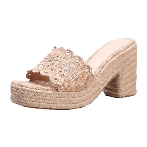 Renessmi Espadrille Square Toe Mules Slingback Damen Pantoffeln Ohne Verschluss Blockabsatz Sommer Strand Kleid Hausschuhe Pantoffeln Sandals Footwear Aprikose Gr 40.5 EU-42 Cn von Renessmi