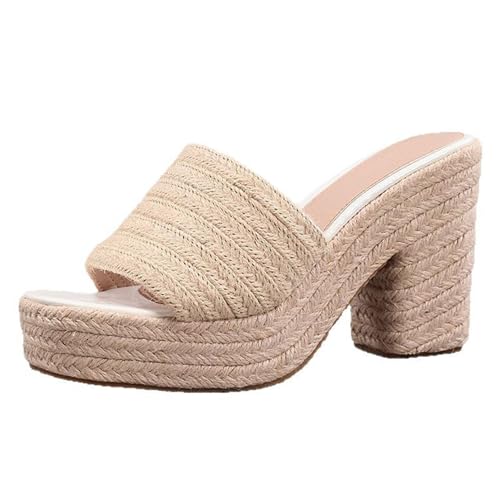 Renessmi Espadrille Square Toe Mules Slingback Damen Pantoffeln Ohne Verschluss Blockabsatz Sommer Strand Kleid Hausschuhe Pantoffeln Sandals Footwear Aprikose Gr 41 EU-43 Cn von Renessmi