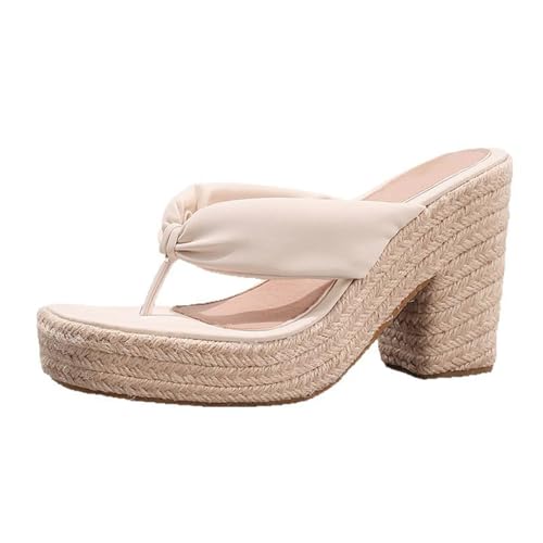 Renessmi Espadrille Square Toe Mules Slingback Damen Pantoffeln Ohne Verschluss Blockabsatz Sommer Strand Kleid Hausschuhe Pantoffeln Sandals Footwear Beige Gr 37 EU-38 Cn von Renessmi