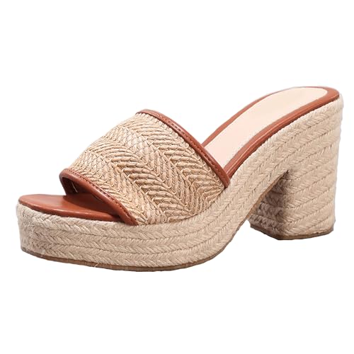 Renessmi Espadrille Square Toe Mules Slingback Damen Pantoffeln Ohne Verschluss Blockabsatz Sommer Strand Kleid Hausschuhe Pantoffeln Sandals Footwear Braun Gr 36 EU von Renessmi
