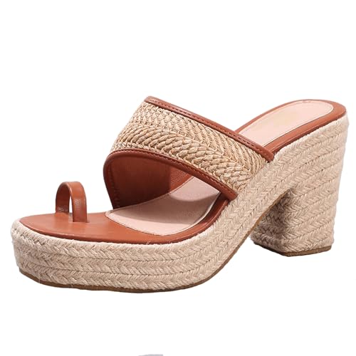 Renessmi Espadrille Square Toe Mules Slingback Damen Pantoffeln Ohne Verschluss Blockabsatz Sommer Strand Kleid Hausschuhe Pantoffeln Sandals Footwear Braun Gr 40.5 EU-42 Cn von Renessmi