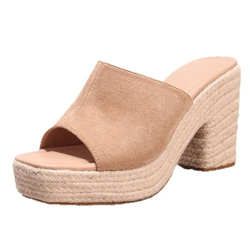Renessmi Espadrille Square Toe Mules Slingback Damen Pantoffeln Ohne Verschluss Blockabsatz Sommer Strand Kleid Hausschuhe Pantoffeln Sandals Footwear Khaki Gr 40 EU-41 Cn von Renessmi