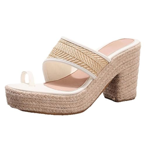 Renessmi Espadrille Square Toe Mules Slingback Damen Pantoffeln Ohne Verschluss Blockabsatz Sommer Strand Kleid Hausschuhe Pantoffeln Sandals Footwear Weiß Gr 38 EU-39 Cn von Renessmi