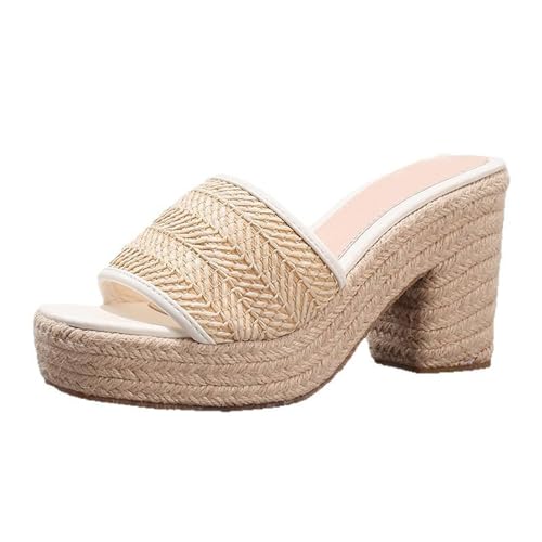 Renessmi Espadrille Square Toe Mules Slingback Damen Pantoffeln Ohne Verschluss Blockabsatz Sommer Strand Kleid Hausschuhe Pantoffeln Sandals Footwear Weiß Gr 40.5 EU-42 Cn von Renessmi