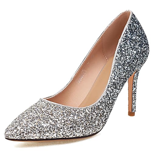 Renessmi Glitzer Bridal Pumps Stiletto Ohne Verschluss Damen Schuhe Höhe Ferse Shiny Pailletten Pointed Toe Elegant Abend Footwear Blau Gr 40 EU-41 Cn von Renessmi