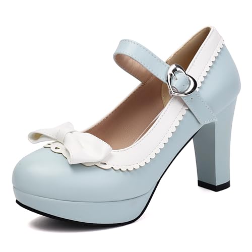 Renessmi High Blockabsatz Plateau Knöchelriemchen Bogen Damen Schuhe Sweet Ruffles Runde Zehen Schnalle Princess Mary Jane Footwear Blau Gr 35 EU Renessmi High Blockabsatz Plateau Knöchelriemchen Bogen Damen Schuhe Sweet Ruffles Runde Zehen Schnalle Princess Mary Jane Footwear Blau Gr 35 EU von Renessmi