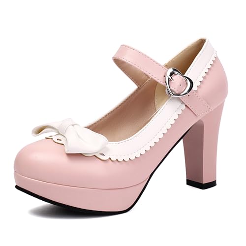 Renessmi High Blockabsatz Plateau Knöchelriemchen Bogen Damen Schuhe Sweet Ruffles Runde Zehen Schnalle Princess Mary Jane Footwear Pink Gr 44 EU-46 Cn von Renessmi