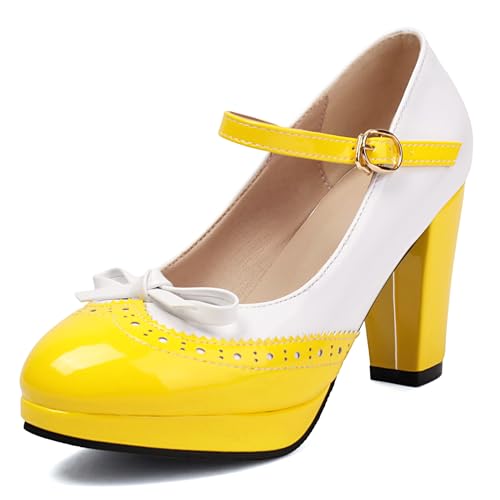 Renessmi High Blockabsatz Plateau Mary Jane Sweet Bogen Damen Schuhe Runde Zehen Mixed Color Knöchelriemchen Lack Footwear Gelb Gr 36.5 EU-37 Cn Renessmi High Blockabsatz Plateau Mary Jane Sweet Bogen Damen Schuhe Runde Zehen Mixed Color Knöchelriemchen Lack Footwear Gelb Gr 36.5 EU-37 Cn von Renessmi