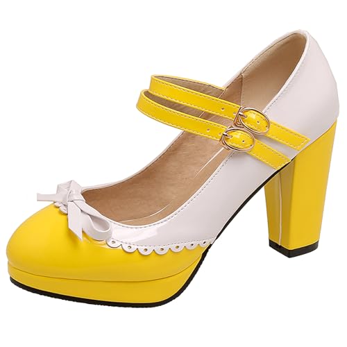 Renessmi High Blockabsatz Plateau Mary Jane Sweet Bogen Damen Schuhe Runde Zehen Mixed Color Knöchelriemchen Lack Footwear Gelb Gr 46 EU-48 Cn Renessmi High Blockabsatz Plateau Mary Jane Sweet Bogen Damen Schuhe Runde Zehen Mixed Color Knöchelriemchen Lack Footwear Gelb Gr 46 EU-48 Cn von Renessmi