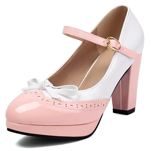 Renessmi High Blockabsatz Plateau Mary Jane Sweet Bogen Damen Schuhe Runde Zehen Mixed Color Knöchelriemchen Lack Footwear Pink Gr 45 EU-47 Cn Renessmi High Blockabsatz Plateau Mary Jane Sweet Bogen Damen Schuhe Runde Zehen Mixed Color Knöchelriemchen Lack Footwear Pink Gr 45 EU-47 Cn von Renessmi