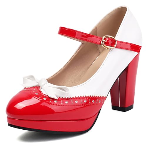 Renessmi High Blockabsatz Plateau Mary Jane Sweet Bogen Damen Schuhe Runde Zehen Mixed Color Knöchelriemchen Lack Footwear Rot Gr 40.5 EU-42 Cn von Renessmi