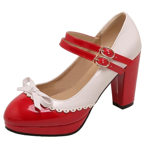 Renessmi High Blockabsatz Plateau Mary Jane Sweet Bogen Damen Schuhe Runde Zehen Mixed Color Knöchelriemchen Lack Footwear Rot Gr 41 EU-43 Cn von Renessmi