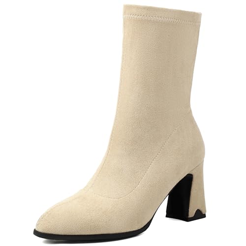 Renessmi High Blockabsatz Pointed Toe Concise Damen Stiefeletten Glitzer Hochzeit Wildleder Solid Color Anzugstiefel Footwear Aprikose Gr 38 EU-39 Cn von Renessmi