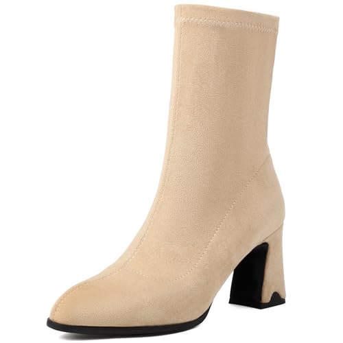 Renessmi High Blockabsatz Pointed Toe Concise Damen Stiefeletten Glitzer Hochzeit Wildleder Solid Color Anzugstiefel Footwear Aprikose Gr 45 EU-47 Cn von Renessmi