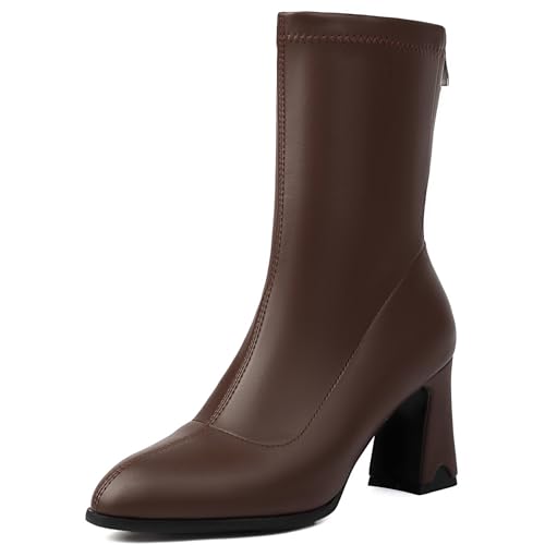Renessmi High Blockabsatz Pointed Toe Concise Damen Stiefeletten Glitzer Hochzeit Wildleder Solid Color Anzugstiefel Footwear Braun Gr 40 EU-41 Cn von Renessmi