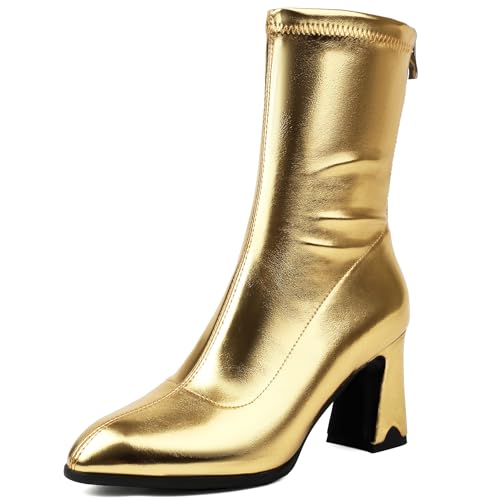 Renessmi High Blockabsatz Pointed Toe Concise Damen Stiefeletten Glitzer Hochzeit Wildleder Solid Color Anzugstiefel Footwear Gold Gr 42 EU-44 Cn von Renessmi