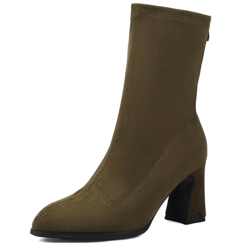Renessmi High Blockabsatz Pointed Toe Concise Damen Stiefeletten Glitzer Hochzeit Wildleder Solid Color Anzugstiefel Footwear Grün Gr 37 EU-38 Cn von Renessmi