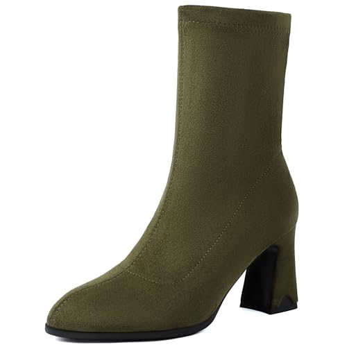 Renessmi High Blockabsatz Pointed Toe Concise Damen Stiefeletten Glitzer Hochzeit Wildleder Solid Color Anzugstiefel Footwear Grün Gr 43 EU-45 Cn von Renessmi