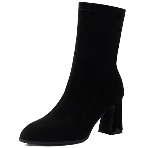 Renessmi High Blockabsatz Pointed Toe Concise Damen Stiefeletten Glitzer Hochzeit Wildleder Solid Color Anzugstiefel Footwear Schwarz Gr 38 EU-39 Cn von Renessmi