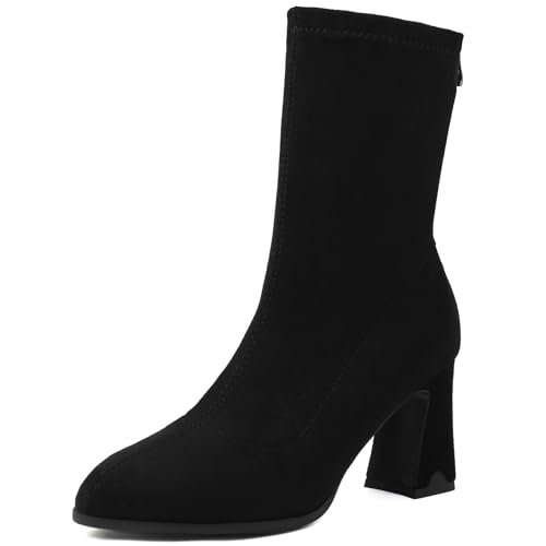 Renessmi High Blockabsatz Pointed Toe Concise Damen Stiefeletten Glitzer Hochzeit Wildleder Solid Color Anzugstiefel Footwear Schwarz Gr 45 EU-47 Cn von Renessmi