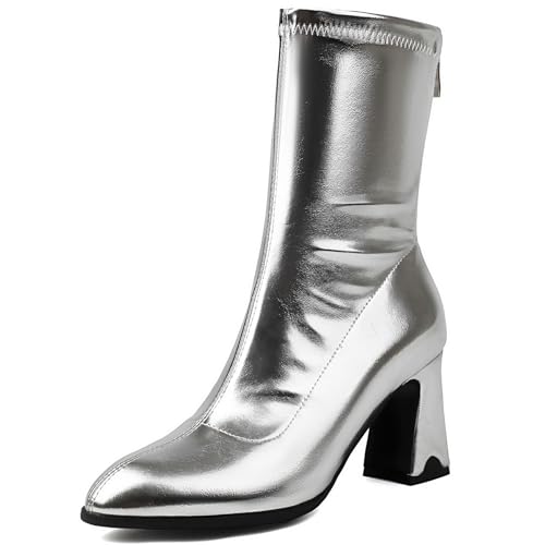 Renessmi High Blockabsatz Pointed Toe Concise Damen Stiefeletten Glitzer Hochzeit Wildleder Solid Color Anzugstiefel Footwear Silber Gr 37 EU-38 Cn von Renessmi