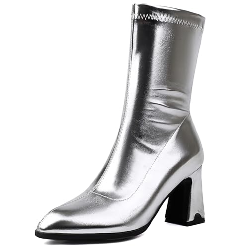 Renessmi High Blockabsatz Pointed Toe Concise Damen Stiefeletten Glitzer Hochzeit Wildleder Solid Color Anzugstiefel Footwear Silber Gr 46 EU-48 Cn von Renessmi