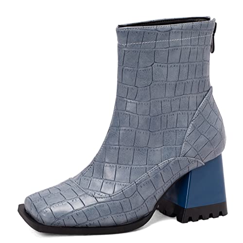 Renessmi High Blockabsatz Square Toe Reißverschluss Damen Stiefeletten Schnalle Snakeskin Wildleder Splicing Retro Stiefeletten Footwear Blau Gr 39 EU-40 Cn von Renessmi