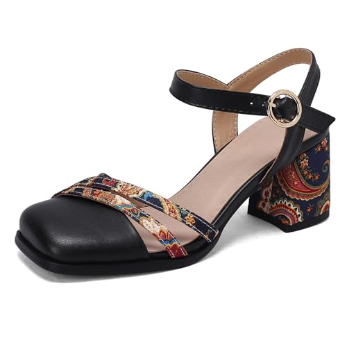 Renessmi High Blockabsatz Square Toe Slingback Damensandalen Knöchelriemchen Schnalle Weit Fit Mode Sommer Elegant Footwear Schwarz Gr 33 EU von Renessmi