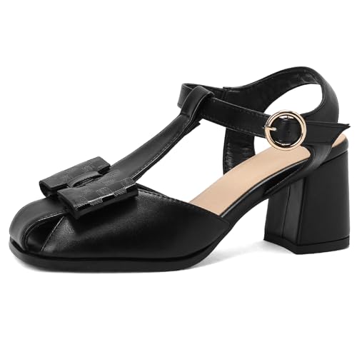 Renessmi High Blockabsatz Square Toe Slingback Damensandalen Knöchelriemchen Schnalle Weit Fit Mode Sommer Elegant Footwear Schwarz Gr 40 EU-41 Cn von Renessmi