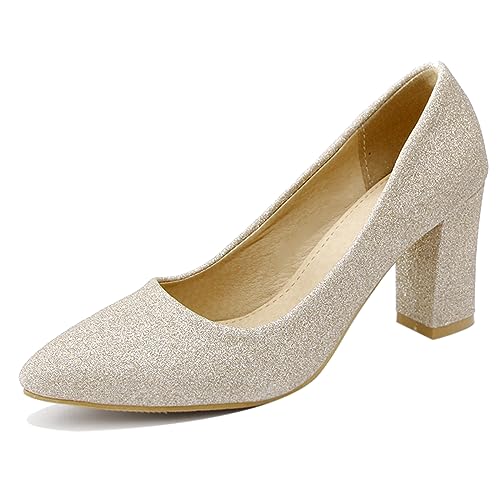Renessmi Hohen Blockabsatz Damen Pointed Toe Pump Formal Ohne Verschluss Hochzeit Elegant Geschlossen Shiny Pumps Bogen Footwear Gold Gr 34 EU von Renessmi