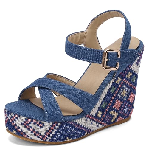 Renessmi Keilabsatz Plateau Denim Slingback Damensandalen Knöchelriemchen Runde Zehen Cross Strap Schnalle Klassische Footwear Blau Gr 45 EU-47 Cn Renessmi Keilabsatz Plateau Denim Slingback Damensandalen Knöchelriemchen Runde Zehen Cross Strap Schnalle Klassische Footwear Blau Gr 45 EU-47 Cn von Renessmi