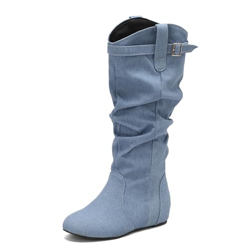 Renessmi Keilabsatz Runde Zehen Pleated Reißverschluss Damen Lockere Stiefel Interne Erhohen Mode Schnalle Long Reitstiefel Footwear Blau Gr 40.5 EU-42 Cn von Renessmi